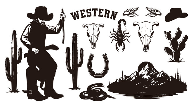 Western Cowboy Silhouette with Desert Elements: Cactus, Skull, Horseshoe, Scorpion