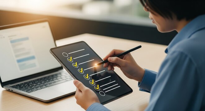 Person checking off tasks on a digital checklist on a tablet, laptop nearby