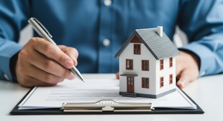 Fototapeta premium Person signing document near miniature house, real estate contract signing