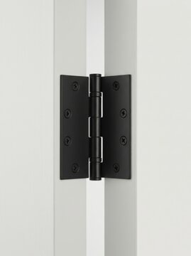 Close-up of a black metal door hinge on a white door frame with hardware building construction
