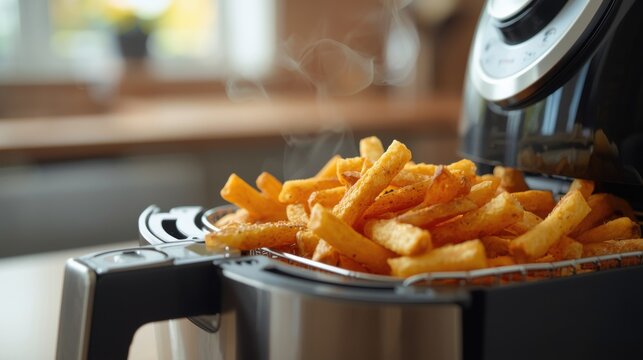 Golden french fries in stainless steel air fryer basket on kitchen counter with blurred background
