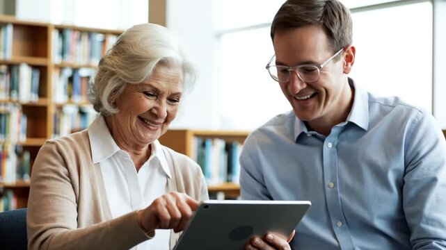Young man helping senior woman use digital tablet in library