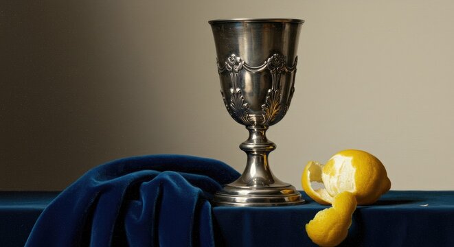 Elegant silver chalice and lemon on blue cloth still life composition