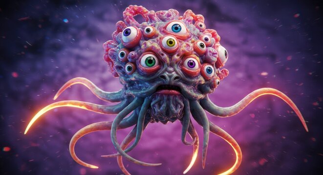 Fantasy creature with multiple eyes and tentacles against a vibrant background