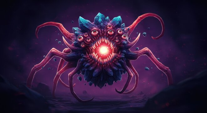 Fantasy creature with multiple eyes and tentacles in dark environment