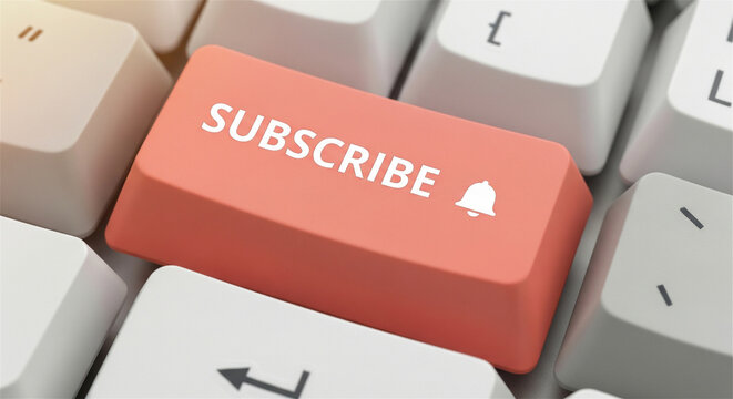 Subscribe button on computer keyboard, red notification bell key for social media marketing, digital content subscription concept