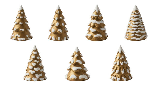 seven golden christmas trees with white snow arranged on a white backdrop for seasonal home decor or holiday celebration