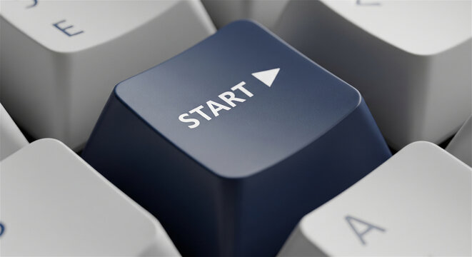 Start button on computer keyboard, blue key with white arrow icon, beginning of business project or digital launch concept
