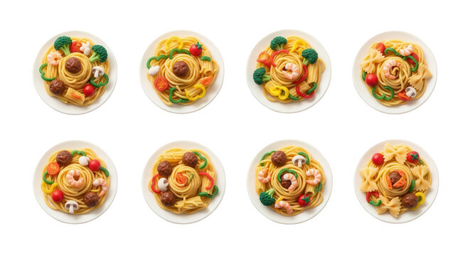 overhead shot of eight plates with italian pasta various types with meatballs and shrimps presented on a white surface culinary or menu usage