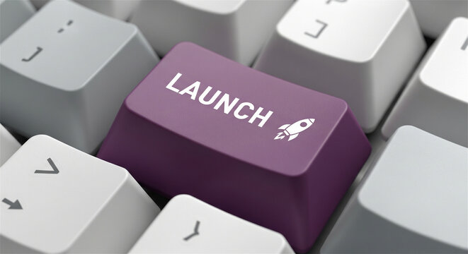 Launch button on computer keyboard, purple startup key with rocket icon, business project beginning and digital product release concept