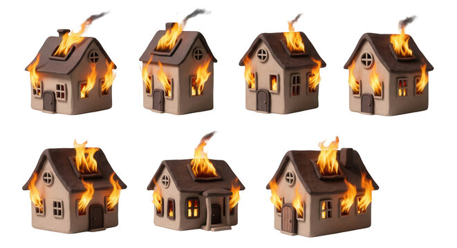 miniature houses ablaze on a white background symbolizing disaster insurance and the concept of loss