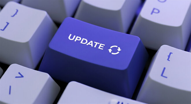 Update button on computer keyboard, software upgrade concept, blue key for system refresh and digital maintenance