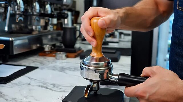 Barista pressing coffee grounds with tamper perfect for cooking tutorials and recipe showcases