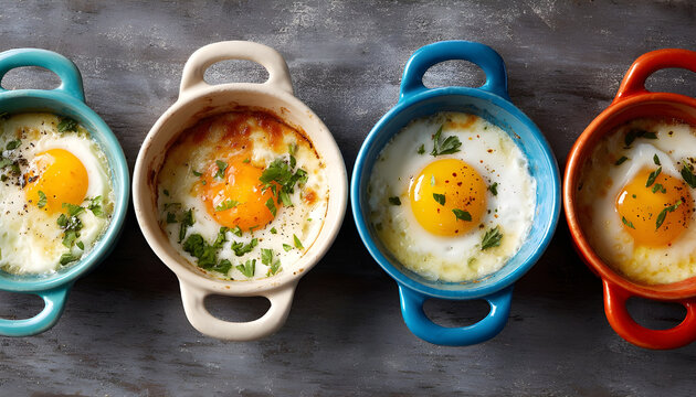 Eggs en cocotte (baked eggs) in ramekins