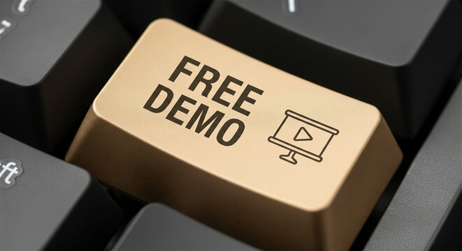 Free Demo gold computer key on black keyboard, software trial and product demonstration concept, digital marketing and online sales call to action