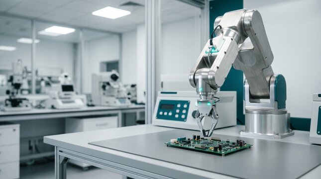 Automated Robotic Arm Performing Precision Assembly on an Electronic Circuit Board in a Modern Industrial Laboratory Setting