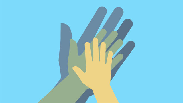 Minimalist hand silhouettes of parents and child overlapping. Symbolizes protection, generation gap, family support, and community togetherness concepts.