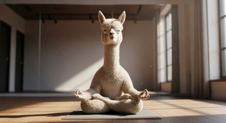 Obraz premium Zen Alpaca Serenity Funny Yoga Pose Inside Spacious Room Meditation and Wellbeing Concept Fluffy Animal Doing Exercise Peaceful Expression Health and Fitness Domestic Mammal