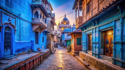 Fototapeta premium A photo of narrow streets lined with traditional Indian architecture, cobblestone pathways leading to a blue cityscape The vibrant colors of the buil