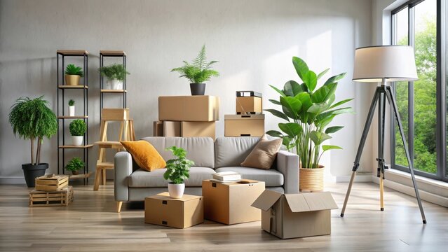 A photo of moving boxes stacked in a living room with a sofa and plants