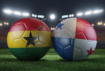 Fototapeta premium Two soccer balls in flags colors on a stadium blurred background. Ghana vs Panama. 3D image.
