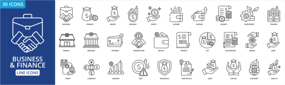 Business and Finance icon set collection in outline style. Icon pack contain business, finance, money, revenue, profit, income, expense, budget, investment, trading, market.