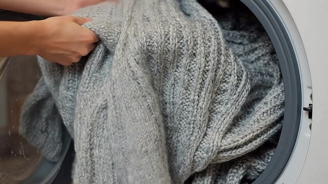 Gray knitted blanket in washing machine representing supply chain logistics and production
