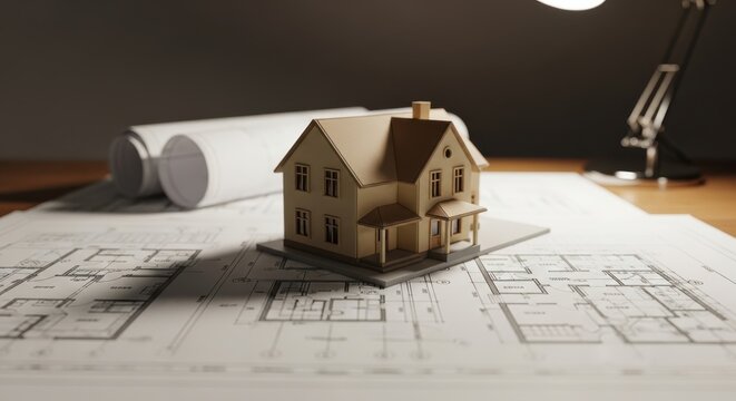 Architectural Design Miniature House Model on Blueprint Residential Construction Project Planning Real Estate Investment and Homeownership Visualization Housing Development Concepts