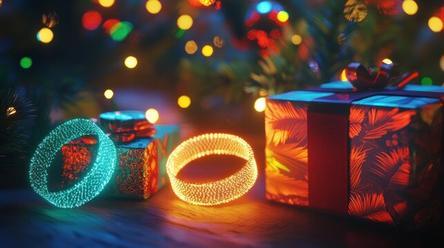 Christmas presents and illuminated objects against blurred lights background