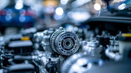 Fototapeta premium Detailed view of a car's internal combustion engine showing mechanical components and engineering complexity for an automotive concept. Defocused background. Car engine detail,