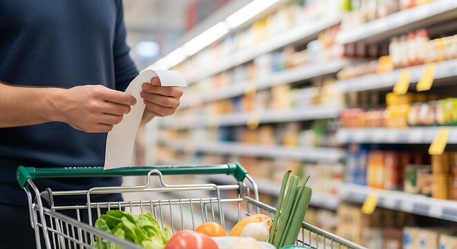 Man checking shopping list in a supermarket aisle with a full cart, focusing on groceries and efficient shopping.