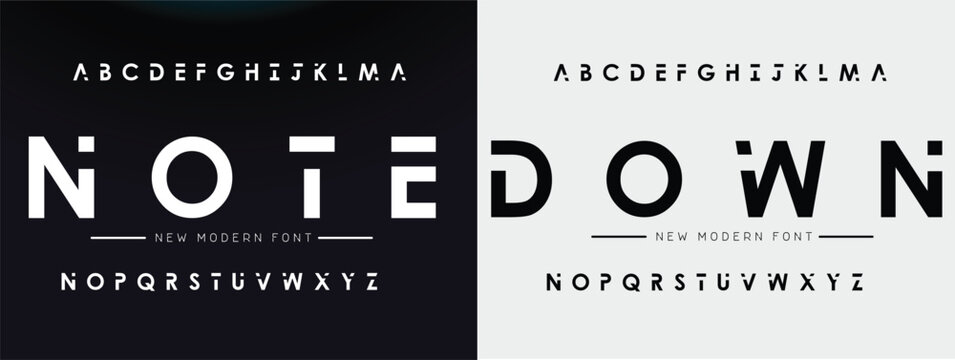 NOTE DOWN Technical wide future font, digital cyber alphabet, trendy thin letters from A to Z and numbers from 0 to 9, vector illustration 10EPS
