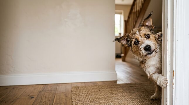 A curious terrier mix dog peeks around a doorway, its head tilted and one paw resting on the doorframe.