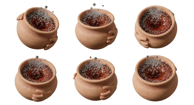 animated clay pot with boiling content and rising bubbles isolated on white food cooking potion or illustration