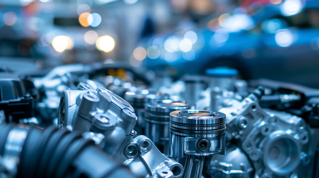 Internal combustion engine from an automobile displayed showing its complete mechanical structure and engineering design. Defocused background. Automobile engine complete,