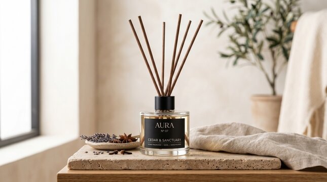 modern diffuser bottle with black label, home fragrance concept, clean studio lighting


