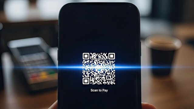 Smartphone displays a qr code for mobile payment transaction closeup