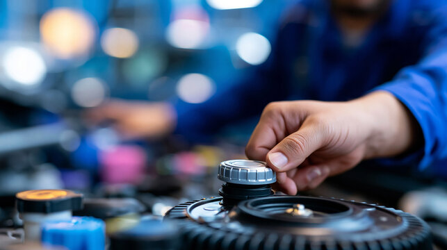 Faceless mechanic's hand removing a silver metal radiator cap to check engine coolant level in a close-up car engine bay maintenance and cooling system service concept. Defocused