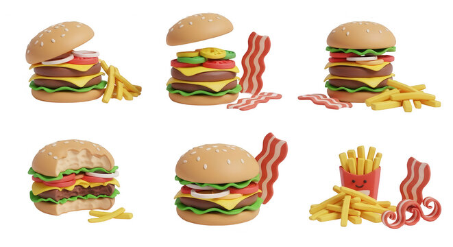 3d rendered deconstructed burger assembly with french fries bacon on a white backdrop food related advertising