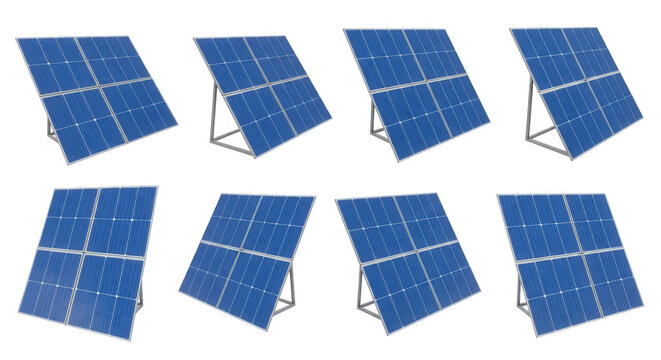 eight solar panel installations arrayed at different angles energy generation on a white background useful for renewable energy concepts
