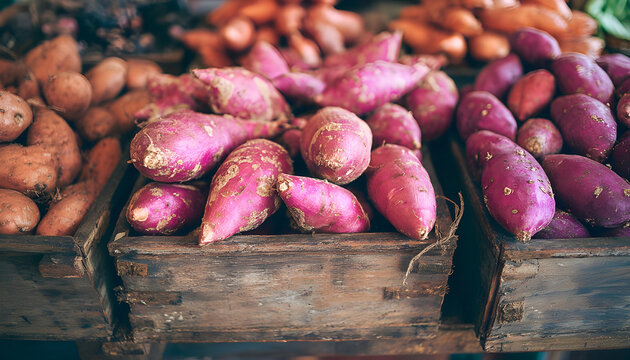 sweet potato root fresh ripe fruit counter in the market shop healthy meal food diet snack veggie vegan or vegetarian food copy space food background keto or paleo diet