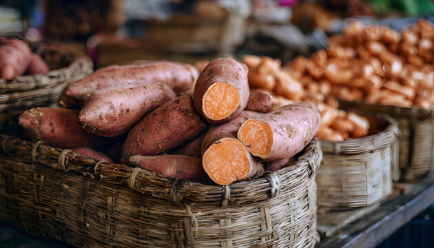 sweet potato root fresh ripe fruit counter in the market shop healthy meal food diet snack veggie vegan or vegetarian food copy space food background keto or paleo diet