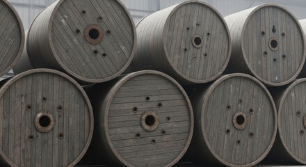 Obraz premium Array of Giant Wooden Spools Cable Drum Inventory Industrial Material Stockpile Construction Component Massive Reel Collection Wood Material Production Industrial Strength Storage