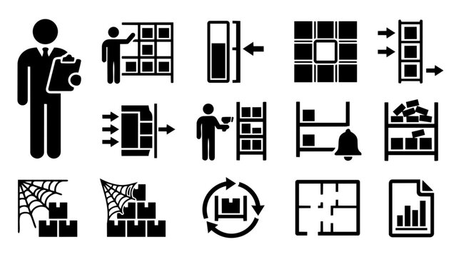 Warehouse Management Silhouette Set &ndash; Inventory Control, Stock Tracking, Storage Icons