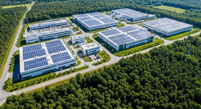 Aerial perspective of a modern industrial facility with solar panels and white buildings, bordered by lush green forests and paved roads, modern, drone, site