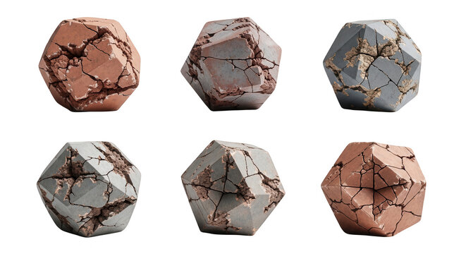 six fractured polygonal sculptures in earth tone colors sit on a white background suggesting art or design concepts