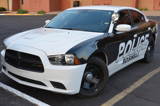 SANTA FE NEW MEXICO UNITED STATES: Roswell Police Department car. In santa Fe New Mexico USA. Roswell is known for having its name attached to what is now called the 1947 Roswell UFO incident