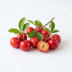 Obraz premium Bright Red Acerola Cherries with Juicy Flesh for Vitamin Rich Tropical Superfood Photography
