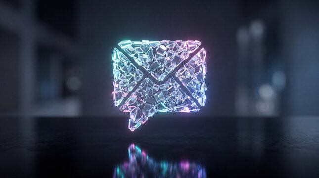 Translucent Crystal Message Icon Suspended Over Polished Surface With Fragile Unsent Digital Meaning