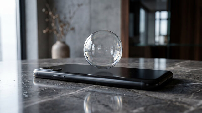 Black Ceramic Smartphone With Blank Vanishing Bubble Hovering Above Hyperreal Futuristic Technology Advertising Image